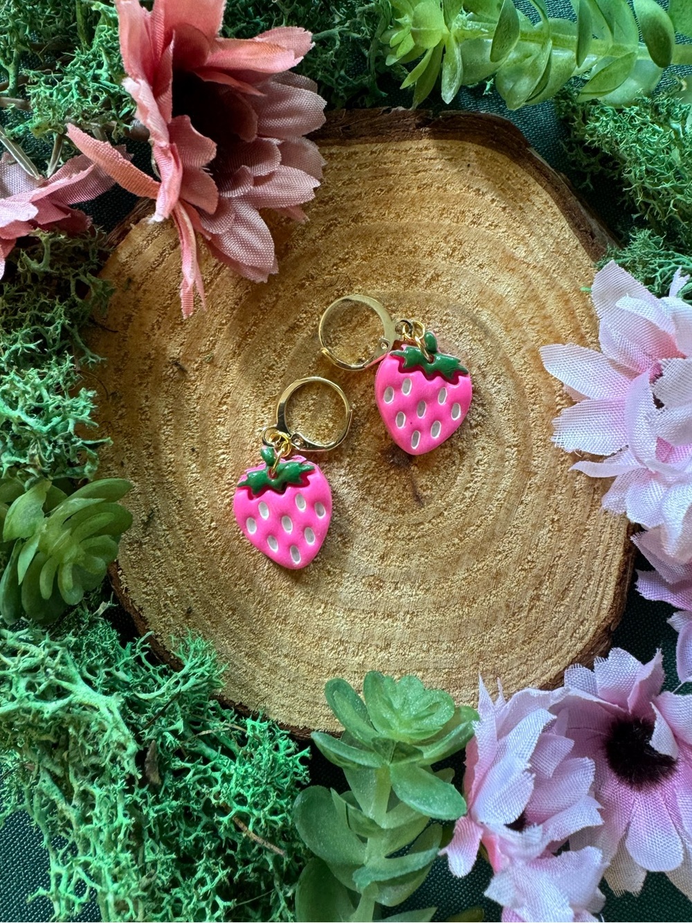 Handmade Polymer Clay Gold Colored Strawberry Earrings